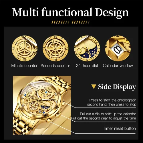 Miniatura 7 de OLEVS Reloj de pulsera para hombre, esqueleto de acero inoxidable, cronógrafo de cuarzo de lujo, impermeable, relojes luminosos para hombre