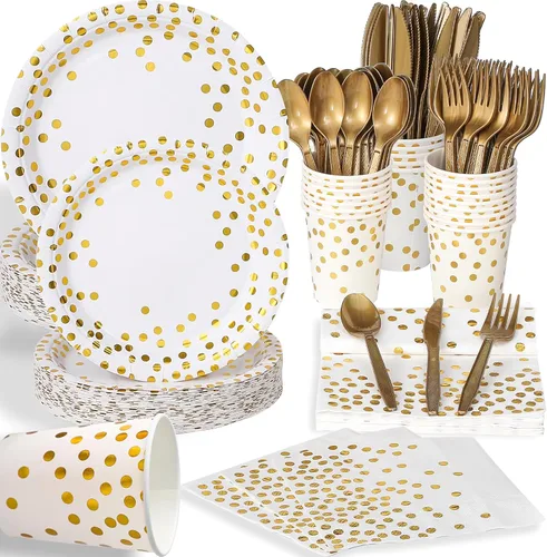 Miniatura 10 de Birthdayparties Platos redondos de papel desechables para todas las ocasiones, platos de papel de puntos dorados, paquete de 50 unidades, 25 x 9