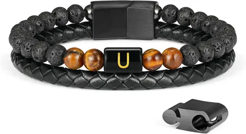 Miniatura 34 de LUXEJEW Regalo Navidad para hombre, brazalete de cuero con cuentas, con letra inicial nombre, 15/64 de pulgada, ágata mate, hecho a mano, ajustable