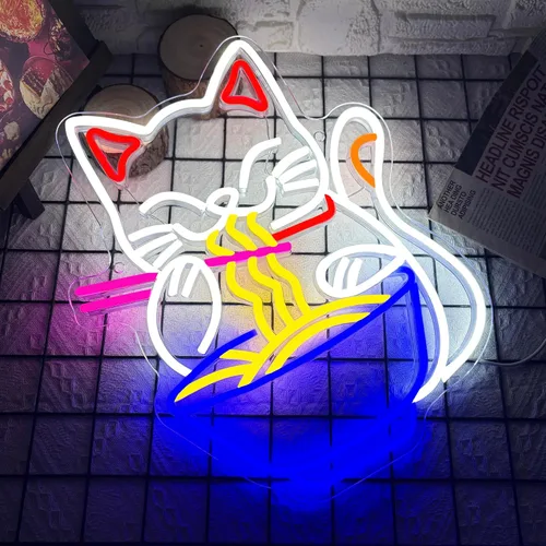 Miniatura 4 de Letrero de neón de gato de la fortuna Ramen, letrero de neón LED de gato de la suerte japonés regulable para decoración de pared, alimentado por USB