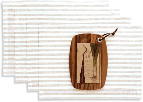 Solino Home Amalfi - Manteles individuales a rayas, de 14 x 19 pulgadas, juego de 4 unidades, tela natural, lino europeo, 100 % lino puro, hechos a