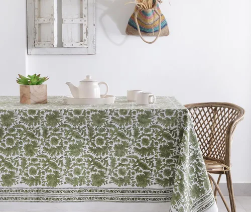 Miniatura 15 de Labhanshi Mantel rectangular de 6 plazas de algodón prelavado con estampado indio a mano, 60 x 90 pulgadas, diseño floral de algodón prelavado