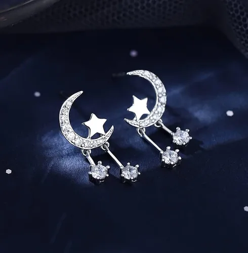 Miniatura 2 de Reffeer 925 Sterling Silver Crescent Moon Star Earrings Studs for Women Teen Girls CZ Moon Studs Earrings Star Tassel Earrings