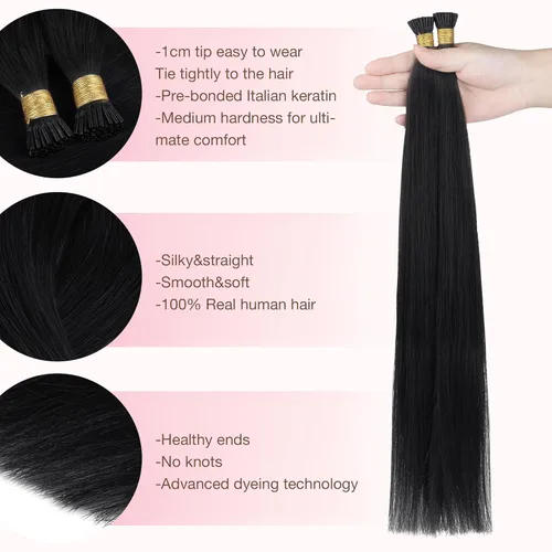 Miniatura 2 de GOO GOO I Tip - Extensiones de cabello humano real, 20 pulgadas, 1.76 oz, 50 S, extensiones de cabello Remy invisible, 1 negro azabache