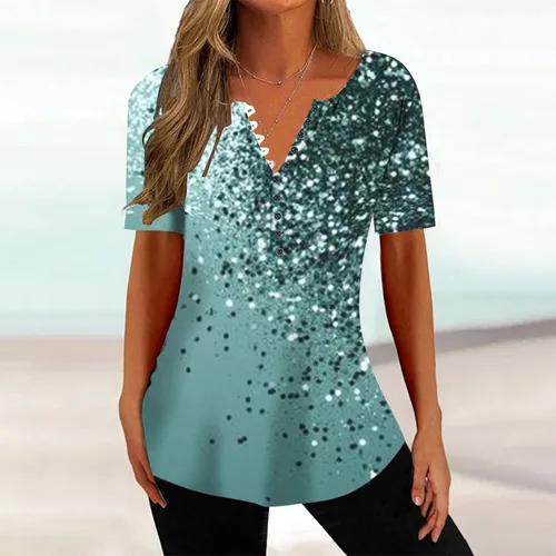 Miniatura 117 de Summer Shirts for Women 2025 Plus Size Short Sleeve Henley Tops Marble Floral Loose Tshirt Tee Casual Dressy Tunics