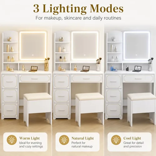 Miniatura 5 de Makeup Vanity Desk with Lighted Mirror and Power Outlet, Vanity Table Set with Stool, 5 Open Shelves and 4 Drawers, White Dressing Table with