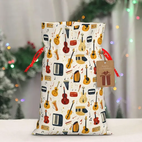 Miniatura 4 de Bolsas de regalo con estampado de instrumentos musicales retro, bolsas de regalo de Navidad reutilizables con cordón y etiqueta de regalo