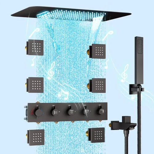 Sistema termostático de ducha de lluvia, sistema de ducha inteligente LED de 23 pulgadas con chorros corporales y de mano, sistema de ducha de