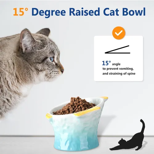 Miniatura 3 de Tioncy 2 cuencos elevados de cerámica inclinados para gatos con forma de pez, lindo plato elevado inclinado en ángulo poco profundo, comedero Verde
