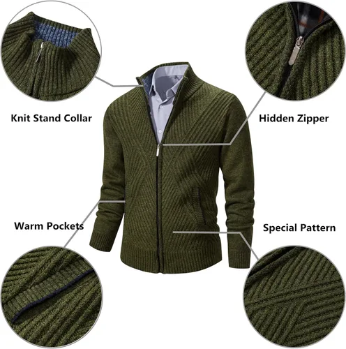 Miniatura 68 de VtuAOL Suéteres tipo cárdigan para hombre, con cremallera completa, cuello alto, cárdigan de punto casual con bolsillos