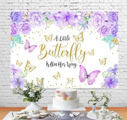 Miniatura 4 de Telón de fondo morado floral de mariposa para baby shower, lavanda con texto en inglés "A Little Butterfly is On The Way", telón de fondo