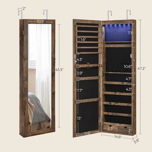 Miniatura 41 de Songmics - UJJC93W - Armario para joyas que se puede cerrar con llave, de montaje en pared o puerta, con espejo de 6 luces LED, para organización