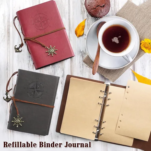 Miniatura 3 de Libreta Maleden de estilo clásico de alta calidad, de hojas recargables, de cuero sintético repujado, diario de viaje con páginas en blanco y Marrón
