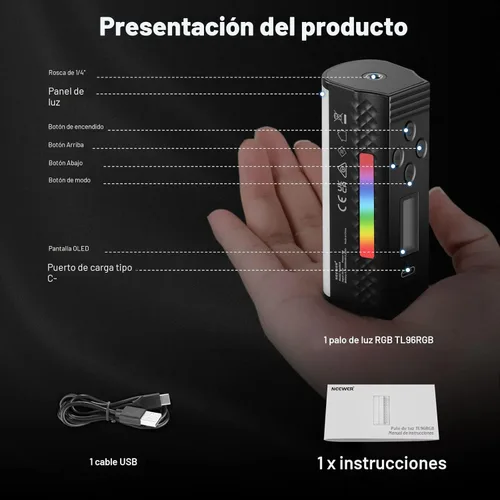 Miniatura 8 de NEEWER Vara de Luz Magnética Manual Básica, Luz de Video LED Mini RGB Completa de 360°, Batería de 2500mAh, Luz de Tubo de Cámara Ajustable