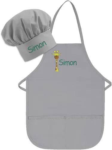 Miniatura 10 de Conjunto de delantal y sombrero personalizado para niños de zoológico, añade tu propio nombre para niños, cocina, horneado