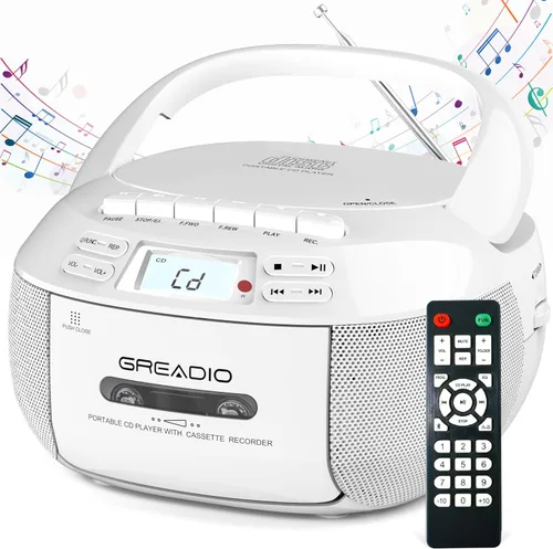 Miniatura 8 de Greadio Boombox - Reproductor de CD y cassette, Boom Box, reproductores de CD portátiles para el hogar con Bluetooth, compatible con radio AM FM