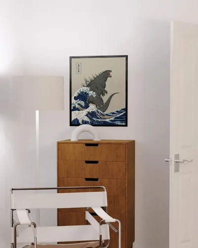 Miniatura 5 de HAUS AND HUES Arte de pared japonés - Póster de rey de monstruos, gran ola, marco negro, 12 x 16 pulgadas Gran Ola Vs. Godzilla