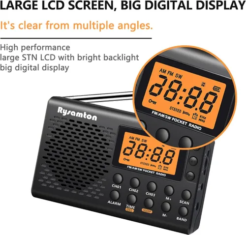 Miniatura 4 de Radio portátil AM/FM/onda corta, radios de bolsillo con pilas, pantalla digital grande, radio reloj con alarma y función de sueño, auriculares