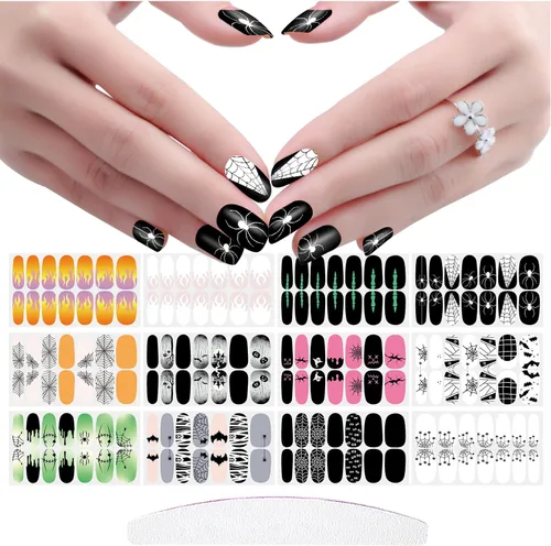 Miniatura 6 de 12 hojas de tiras de esmalte de uñas de Halloween con lima de uñas, telaraña, telarañas, envolturas de uñas para uñas cortas, calcomanías de uñas