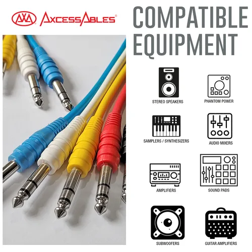 Miniatura 2 de AxcessAbles 1/4" TRS a 1/4" TRS - Cables de conexión estéreo equilibrados (6 unidades, 1 pie)