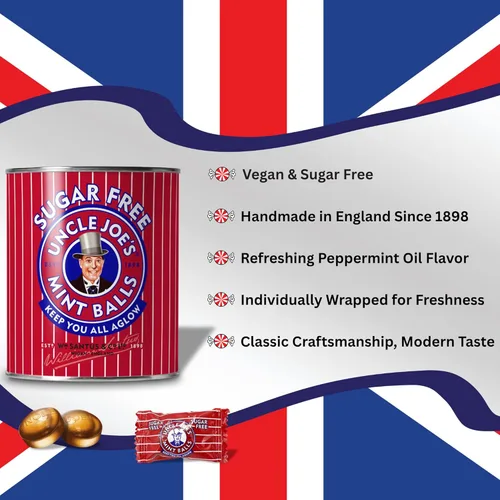 Miniatura 5 de Uncle Joe's Bolas de menta sin azúcar Latas de caramelo duro británico Cocidas a mano en fuego abierto Sin gluten y vegano Envueltas