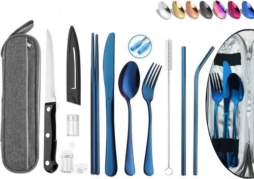 Utensilios de viaje reutilizables portátiles con estuche, juego de cubiertos de camping, palillos y pajita, cubiertos con estuche, parte superior de
