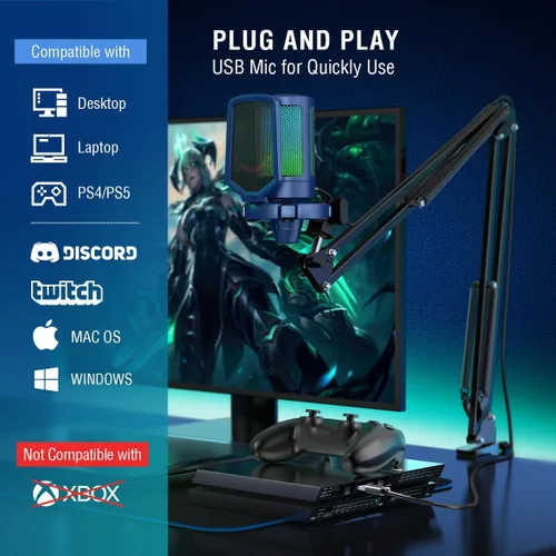 Miniatura 5 de FIFINE - Kit de micrófono USB para juegos, transmisión, grabación y PC, micrófono condensador para computadora RGB, paquete para podcasts, audio