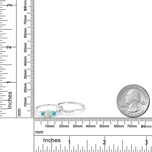 Miniatura 5 de Juego de anillos de compromiso de 3 piedras de oro blanco de 10 quilates con ópalo de imitación y topacio azul suizo y diamante cultivado
