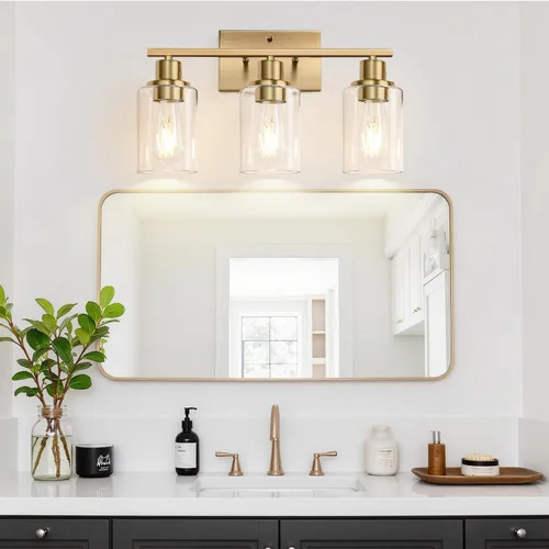 Miniatura 6 de Indoi Lámparas de baño de 3 luces, luces de tocador de latón para baño con pantallas de vidrio transparente, modernos apliques de pared de baño