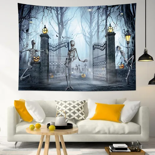 Miniatura 2 de HVEST Tapiz de Halloween para colgar en la pared, esqueleto de terror, cráneo, cementerio, calabaza, farol, bosque muerto, tapiz nocturno