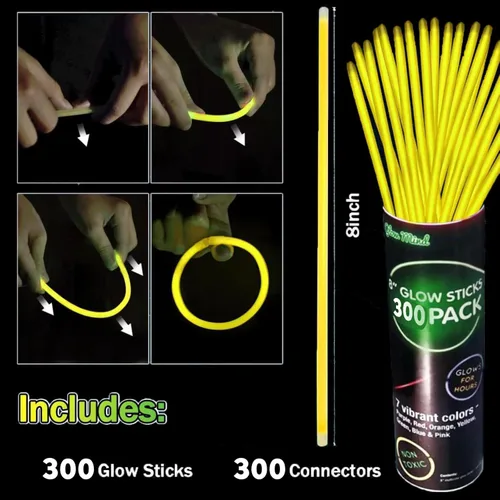 Miniatura 2 de 300 varillas de brillo amarillas a granel, pulseras iluminadas con conectores, suministros de fiesta que brillan en la oscuridad, palos brillantes