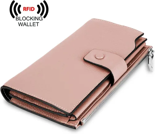 Miniatura 6 de YALUXE Cartera de piel auténtica para mujer, con bloqueo RFID, tarjetero múltiple con bolsillo para teléfono celular