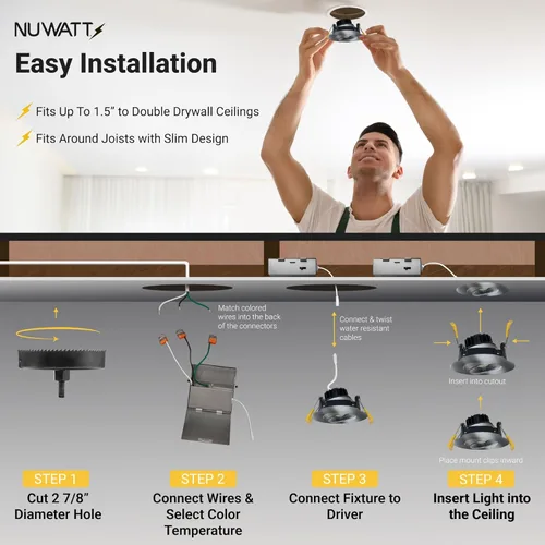 Miniatura 3 de NUWATT Foco empotrable con cardán LED de 3 pulgadas, paquete de 4, luz LED todo en 1 sin lata con 5 interruptores de color CCT 2700K - 5000K, 8W
