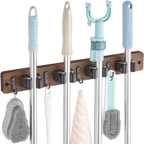 Miniatura 21 de OUTNILI Soporte de Pared Negro para Escoba y Trapeador con 4 Ranuras y 4 Ganchos - Colgador de Escoba y Trapeador de Madera Rústica para Despensa