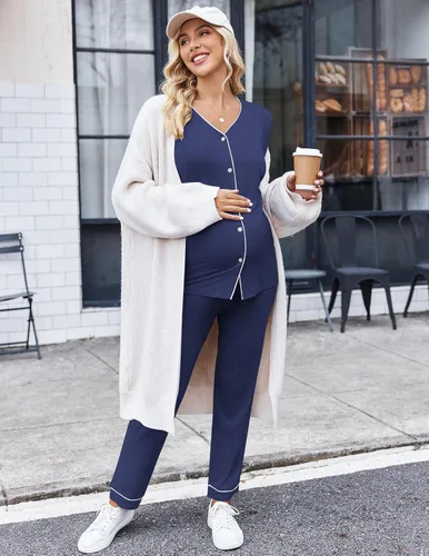 Miniatura 5 de Ekouaer Conjunto de pijama de maternidad con botones, ropa de dormir de manga larga para lactancia materna con pantalones ajustables