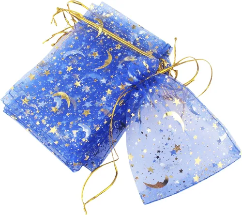 Miniatura 7 de QIANHAILIZZ - 100 bolsas de organza con diseño de estrellas y lunas para joyas, para regalo de caramelos, regalo de matrimonio, con cordón