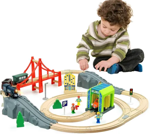Miniatura 8 de Juego de juguetes de tren motorizado y tren de control remoto para pistas de madera, trenes a pilas para niños, compatible con Thomas, Brio, Melissa