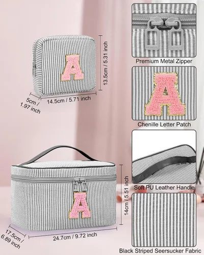 Miniatura 3 de Juego de bolsas de maquillaje con iniciales para niñas y mujeres, bolsa de cosméticos con monograma con soporte para cepillos, estuche de maquillaje