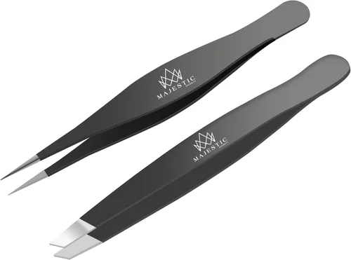 Miniatura 11 de Majestic Bombay Pinzas de punta fina + inclinadas para mujeres y hombres, garrapatas astilladas, depilación facial, cejas y encarnadas, afiladas