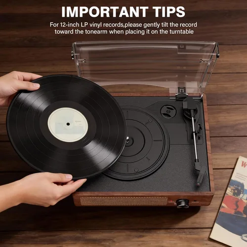Miniatura 4 de Tocadiscos de vinilo con receptor Bluetooth integrado y 2 altavoces estéreo, 3 velocidades y 3 tamaños, tocadiscos retro portátil para Naranja