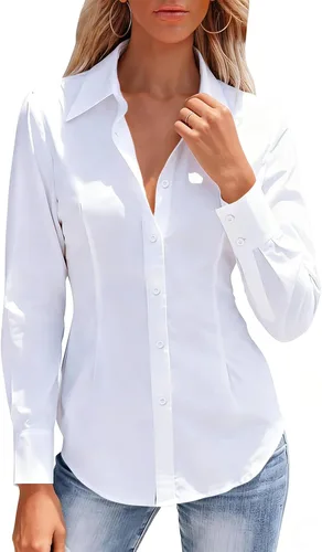 Miniatura 26 de Camisas con botones para mujer, camisa de vestir ajustada sin arrugas, blusa con cuello para trabajo, ropa de oficina, atuendo de otoño