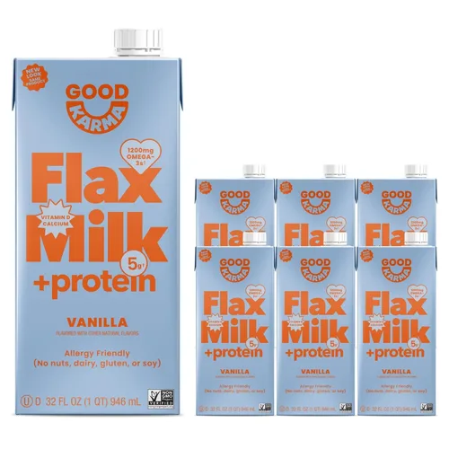 Good Karma Leche de lino y vainilla + proteína, 32 onzas (paquete de 6), alternativa a la leche no láctea, a base de plantas con 0.28 oz de proteína