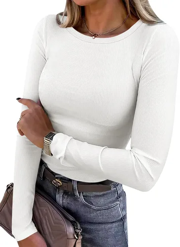 Miniatura 43 de ANRABESS - Camisetas de manga larga para mujer, de punto acanalado, ajustadas, básicas, 2025, informales, para usar a capas o debajo del uniforme