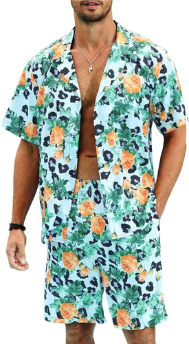 LUCKYOUNG Conjunto de camisa hawaiana y pantalón corto para hombre, 2 piezas, camisa de manga corta con botones, trajes de vacaciones en la playa