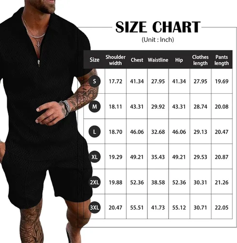 Miniatura 6 de Aulemen Conjunto deportivo de 2 piezas con cremallera para hombre, manga corta, camiseta polo y pantalones cortos, conjuntos de verano para hombre