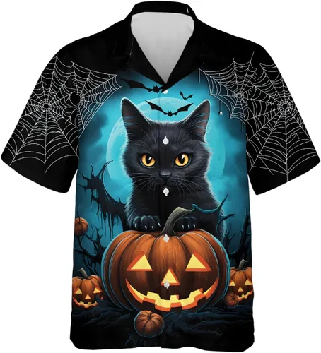 Miniatura 12 de Camisa hawaiana de gato negro para hombre, camisa de noche de Halloween, camisa de manga corta con botones (MP_HW_66)
