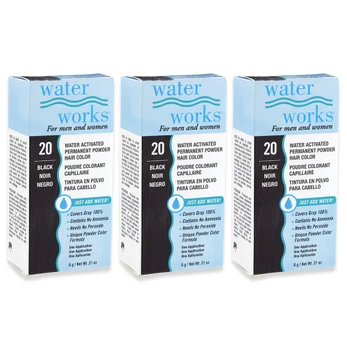 Water Works Tinte en polvo, negro, tinte permanente para el retoque de raíces y cobertura completa, hombres y mujeres, paquete de 3