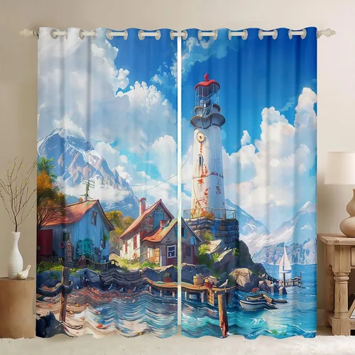 Miniatura 18 de Erosebridal Nautical Lighthouse Blackout Curtains 30-50% Navigation Theme Curtains for Women Men Watercolor Seascape Window Treatments Coastal Night