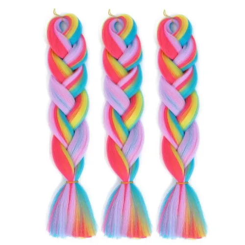 Miniatura 9 de Cabello trenzado jumbo para mujer, mezcla de extensiones de cabello de cuatro colores para trenzar, 24 pulgadas, colores arcoíris, fibra sintética