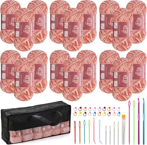 Miniatura 35 de LUNARM Hilado de chenilla para tejer y hacer ganchillo, 3 madejas de 240 metros de hilo grueso, suave y voluminoso, para tejer mantas, ropa y Beige